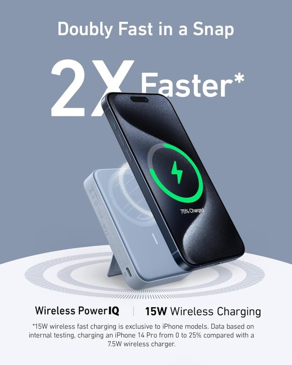 Anker MagGo Power Bank, Qi2 Certified 15W Ultra-Fast MagSafe-Compatible Portable Charger, 10,000mAh Battery Pack with Smart Display & Foldable Stand, For iPhone 16/15/14/13 Only (USB-C Cable Included) Blue - Image 6