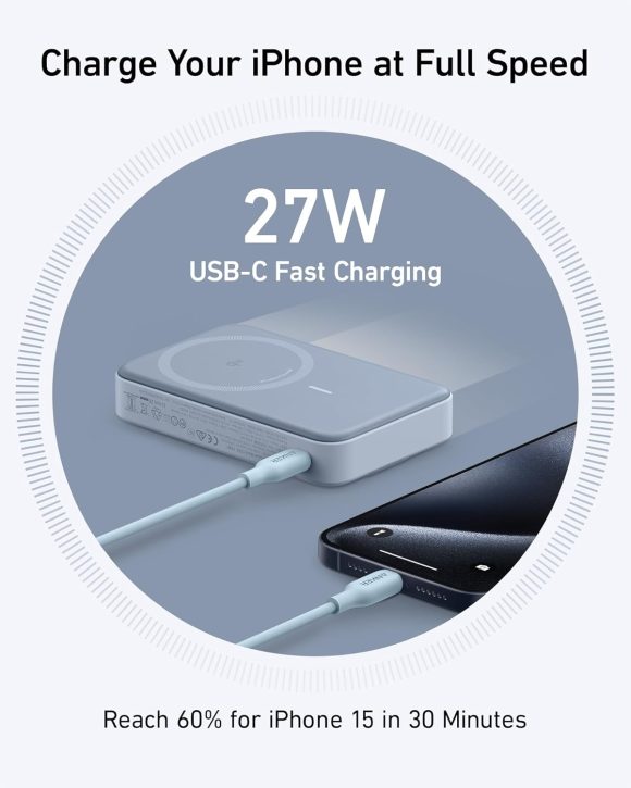 Anker MagGo Power Bank, Qi2 Certified 15W Ultra-Fast MagSafe-Compatible Portable Charger, 10,000mAh Battery Pack with Smart Display & Foldable Stand, For iPhone 16/15/14/13 Only (USB-C Cable Included) Blue - Image 4